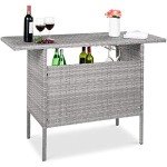 Wicker Bar Counter Table with Shelves - Gray