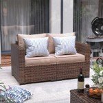 Khaki Wicker Love Seat Patio Sofa with Cover