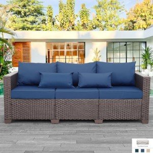 3-Seater Outdoor Couch with Navy Cushions