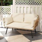 Beige Wicker Patio Loveseat with Cushions