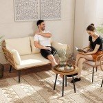 Beige Wicker Patio Loveseat with Cushions