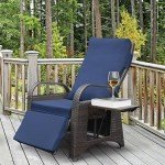Navy Blue Wicker Recliner Chair with Side Table