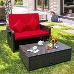 Tangkula Adjustable Rattan Daybed with Ottoman Set
