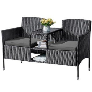 Flamaker Grey Outdoor Wicker Loveseat with Table