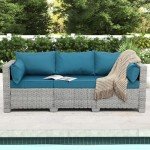 3-Seater Wicker Outdoor Couch with Blue Cushion