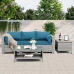 3-Seater Wicker Outdoor Couch with Blue Cushion