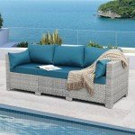 3-Seater Wicker Outdoor Couch with Blue Cushion