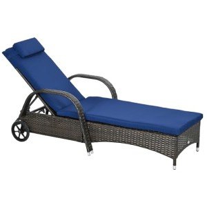 Adjustable Wicker Chaise Lounge with Cushion and Wheels
