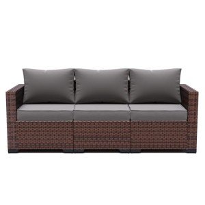 Grey Wicker 3-Seat Patio Sofa with Cushions