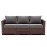 Grey Wicker 3-Seat Patio Sofa with Cushions