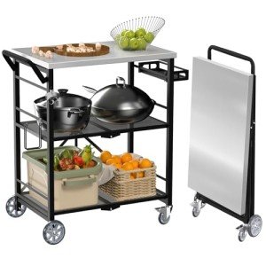 Folding Metal Grill Cart with Locking Wheels