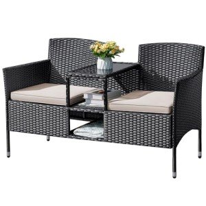 Flamaker Wicker Patio Loveseat with Built-in Table