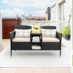 Flamaker Wicker Patio Loveseat with Built-in Table