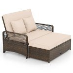 Adjustable Wicker Daybed with Storage Ottoman Beige