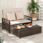 Adjustable Wicker Daybed with Storage Ottoman Beige