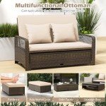 Adjustable Wicker Daybed with Storage Ottoman Beige