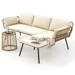 Beige 3-Piece Wicker Patio Conversation Set