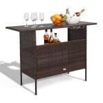VINGLI Wicker Outdoor Bar Table with Steel Shelves