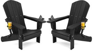 Black Folding Adirondack Chairs with Cup Holders - Set of 2