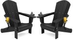Black Folding Adirondack Chairs with Cup Holders - Set of 2