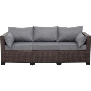 3-Seat Brown Wicker Patio Couch with Cushions