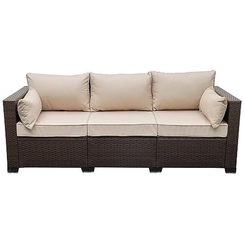 3-Seat Outdoor Rattan Sofa with Beige Cushions