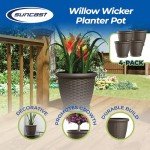 Suncast Willow 18” Decorative Wicker Planter Pots (4 Pack)