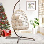 Beige Foldable Wicker Egg Chair with Stand