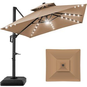 Tan 10x10ft Solar LED Cantilever Patio Umbrella