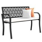 Black Metal Outdoor Garden Bench with Decorative Backrest