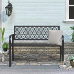 Black Metal Outdoor Garden Bench with Decorative Backrest