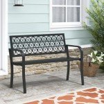 Black Metal Outdoor Garden Bench with Decorative Backrest