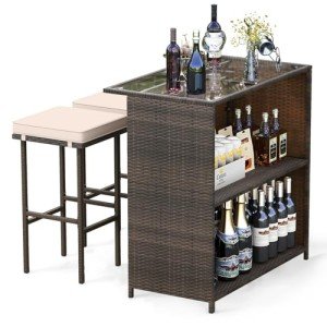 Tangkula Outdoor Rattan Bar Set with Cushions