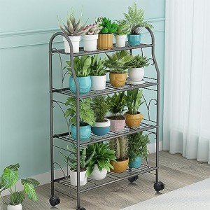 4-Tier Movable Gray Metal Plant Stand