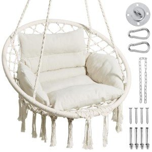 Beige Macrame Hammock Chair for Indoor and Outdoor