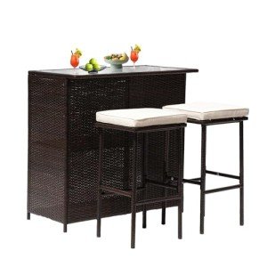 Khaki Rattan 3-Piece Bar Set for Outdoor Spaces
