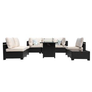 8-Piece Rattan Wicker Patio Sofa and Fire Pit Set