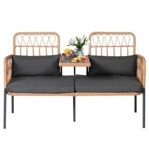 Outdoor Rattan Loveseat with Built-in Table and Cushions