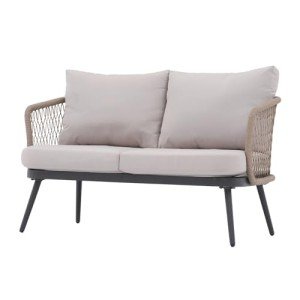 Beige Wicker Outdoor Loveseat with Thick Cushions