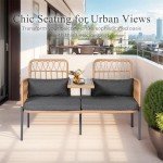 Outdoor Rattan Loveseat with Built-in Table and Cushions