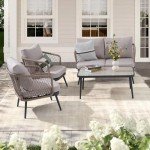 Beige Wicker Outdoor Loveseat with Thick Cushions