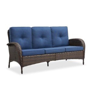 Brown and Blue Outdoor Wicker Couch - 3 Seater