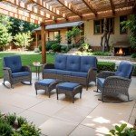 Brown and Blue Outdoor Wicker Couch - 3 Seater