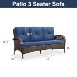 Brown and Blue Outdoor Wicker Couch - 3 Seater