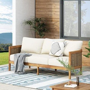 Merax Acacia Wood Wicker 3-Seater Patio Sofa