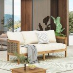 Merax Acacia Wood Wicker 3-Seater Patio Sofa