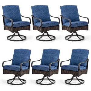 Set of 6 Blue Wicker Swivel Patio Chairs