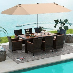10-Piece Outdoor Rattan Dining Set with Umbrella