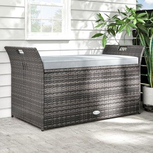 Outdoor Wicker Storage Bench with Cushion, Light Grey