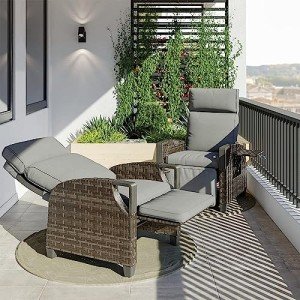 Gray Wicker Reclining Chair Set with Cushions